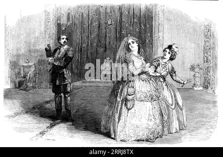 Szene aus The Rose of Castile, Drury Lane Theatre, 1858. Londoner Bühnenproduktion. "Diese lebhafte und hübsche Oper, sicherlich der Chefkoch unseres populärsten englischen Komponisten, läuft wieder einen Erfolg, der, wenn möglich, noch brillanter ist als der, den sie in der letzten Saison genossen hat - ein Erfolg, der nicht nur auf sein eigenes Verdienst zurückzuführen ist, aber auf die bewundernswerte Art und Weise, in der es gespielt wird, und die zeigt, wie wenig Boden für den Kuckuckschrei über die Vernachlässigung des "einheimischen Talents" vorhanden ist. Wir haben das immer beibehalten, lassen Sie englische Manager von Theatern und Opernhäusern Stockfoto