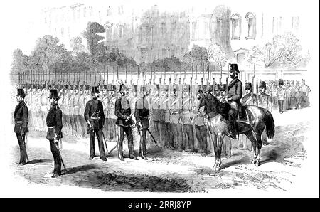 Inspektion der City of London Militia, 1858. "...die Royal London Militia (das gesamte Regiment, das den Gottesdienst in St. Paul's Cathedral am Vortag) wurde von Colonel Douglas, Militärinspektor, der Pferdewache inspiziert... die Männer marschierten dann an dem Prüfoffizier in offener und Vierteldistanz vorbei und durchliefen anschließend die normalen Manöver manueller Zugübung unter dem Kommando des Majors. und eine Reihe von Bataillonsbewegungen, die von Lieutenant-Colonel MacCall überbestimmt wurden. Die Inspektion dauerte fast zwei Stunden, und zwar bei ihrem nahen Oberst Stockfoto