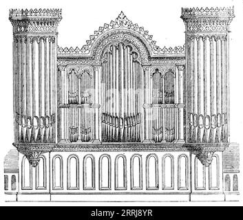 Große Orgel in Barmen, Rheinisch-Preußen, 1858. „Die Orgel [in der evangelischen Kirche] ist in einen eigens dafür errichteten Raum eingebaut und entspricht ganz der Architektur der Kirche. Die Schönheit seines Äußeren wird nur durch die reichen Töne übertroffen, die von seinen vielfältigen Pfeifen ausgehen, die nicht weniger als dreitausend dreihundertachtundneunzig sind. Es gibt auch in diesem hervorragenden Instrument dreiundsechzig Haltestellen. Das Innere des Instruments ist von den Abmessungen eines großen Speisesaals, in dem fünfzig Personen zusammen mit beträchtlichen Einrichtungen speisen konnten; und zu o Stockfoto