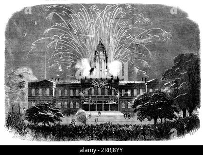 Feier der Verlegung des Atlantic Telegraph Cable in New York – The Illumination of the City Hall, 1858. Feuerwerk mit der Aufschrift: „Alle Ehre an Cyrus [?] Feld“. Der amerikanische Geschäftsmann und Finanzier Cyrus West Field gründete die Atlantic Telegraph Company und legte 1858 das erste Telegraphenkabel über den Atlantik. Die Verbindung zwischen Nordamerika und Europa wurde durch einen Austausch von Botschaften zwischen Königin Victoria von England und Präsident Buchanan von den Vereinigten Staaten über die neue Kabellinie gefeiert. Aus Illustrated London News, 1858. Stockfoto