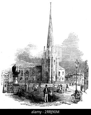 St. Martin's Church, Birmingham, 1858. Dieses edle Gebäude, die Pfarrkirche von Birmingham, wurde im 8. Jahrhundert errichtet. Das Gebäude, so wie es gegenwärtig steht, kann, so wird vermutet, nicht eine größere Antike als 1291 n. chr. beanspruchen... es ist wahrscheinlich, dass ein Teil der Kirche von Sir William de Bermingham gebaut wurde... der Stil der Architektur ist das, was als die frühe Dekoration bekannt ist. Im Inneren des Gebäudes befinden sich mehrere Denkmäler der Lords de Bermingham. Das älteste davon ist... das Abbild eines Ritters mit Kreuzbeinen und Liegen, der auf einem Sarg liegt Stockfoto