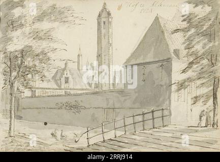 Hof van Sonoy in Alkmaar, 1724. Blick auf den achteckigen Turm. Im Vordergrund ein Kanal mit einer Brücke auf der rechten Seite. &#x2018;Cornelis Pronk (abgelehnte Zuschreibung)&#x2019; Stockfoto