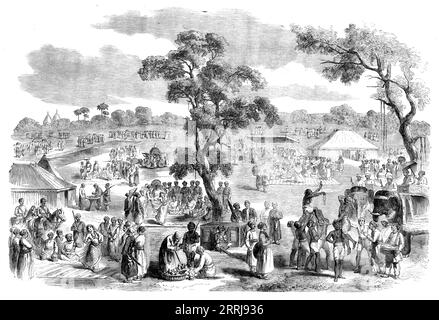 A Hindoo Fair, 1858. "Alles wird auf eine ruhige, ruhige Art und Weise durchgeführt, passend zur Hitze des Klimas und dem Charakter der Menschen... werden Nautches in verschiedenen Teilen der Messe aufgeführt... das Hindoo tanzt leidenschaftlich gern... und er wird stundenlang sitzen und die eher monotone Aufführung einer Gruppe von Nautch-Girls beobachten, kein anderer Hinweis auf seine Freude als ein gelegentliches Grunzen von „Wah! wah!" Das kann man in "Bravo!" interpretieren. [Die Bewegungen]... sind beruhigend und undulatorisch. Ihre Kunst besteht hauptsächlich in einer anmutigen Anordnung ihrer Fl Stockfoto