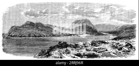 Verlegen des Atlantic Telegraph Cable - Valentia, der Landungsort des Atlantic Cable, 1858. "Ansicht von Valentia, der Insel, die im Zusammenhang mit dem Atlantic Telegraph großes Interesse beimisst, da es dazu bestimmt ist, das europäische Ende des Kabels zu erhalten, da es "die nächste Gemeinde Amerikas" ist. Diese etwa fünf Meilen lange und zwei Meilen breite Insel liegt nahe dem Südwesten Irlands, eine kurze Entfernung südlich von Dingle Bay'. Aus Illustrated London News, 1858. Stockfoto