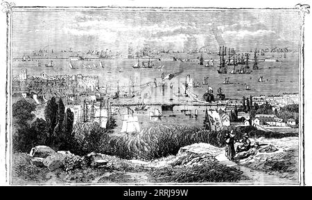 Cherbourg, 1858. "Zwischen dem französischen Hafen und der englischen Küste Rollen sechzig oder siebzig gute Meilen Ozean; und wenn Sie Cherbourg inspiziert haben, werden Sie dem Kanal nicht eine Liga weniger in der Breite wünschen. Die Stadt selbst, so sagte er kaum, sei nicht der Ort, sondern der unwichtigste Teil; das echte Cherbourg besteht aus dem Hafen, dem Militärhafen, dem Wellenbrecher und den Befestigungsanlagen. Cherbourg wäre fast alles, wenn es die Stadt nicht gäbe. Die immensen Werke sind nicht nur zu ihrer Verteidigung bestimmt; ihr geringer Export- und Küstenhandel erfordert keine Maulwürfe, Pfeiler, Stockfoto