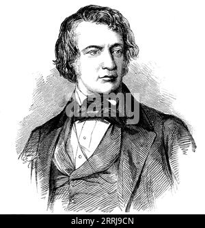 Charles Sumner, US-Senator für Massachusetts, 1858. Gravur nach einer Ätzung von Schoff, aus einem Gemälde von Wight. "Mr. Sumner... reist jetzt in Europa, um seiner Gesundheit zu dienen, die sich nie vollständig von den Auswirkungen des abscheulichen Angriffs erholt hat, den der berüchtigte Mr. Brooks auf ihn im Senat verübt hat... das Gesetz über flüchtige Sklaven, das die Instinkte der Menschlichkeit als Verbrechen bestrafte, und war in jeder Hinsicht eines der abscheulichsten Statuten, das die Gesetzgebung eines freien commonwealth in der modernen Zeit entehrt hat... [wurde] von Mr. Sumner in einem Earne angeprangert Stockfoto