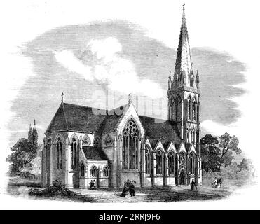 Neue Kirche St. Mary, Stoke Newington, 1858. "...unsere Illustration zeigt eher, was das Gebäude sein soll als das, was es derzeit ist. Die Arbeiten sind jedoch noch im Gange... diese Kirche ist eines der günstigsten Beispiele kirchlicher Architektur, die in unserer Zeit in den Vororten Londons ausgeführt wurde... die Entwürfe für diese Kirche wurden von G. G. Scott, Esq., Architekt, Spring-Gardens, London, eingerichtet. Herr George Myers ist der Bauunternehmer des Gebäudes, dessen praktischer Vorarbeiter Herr Sampson Groves ist, und Herr Allen der Angestellte der Werke; das ganze unter dem Supervisio Stockfoto