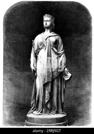 Statue von Königin Victoria im New Townhall, Leeds, 1858. Die Statue Ihrer Majestät von Mr. Noble ist ein bemerkenswert schönes Werk von kolossalen Ausmaßen, ausgeführt in einem der perfektesten großen Blöcke aus reinem weißem Marmor, der seit langem aus den besten Steinbrüchen von Carrara in dieses Land gebracht wird. Es zeigt ein bewundernswertes Abbild unserer Herrin, der Königin, in einer zugleich ruhigen und majestätischen Haltung, während im Ausdruck der Gestalt eine freudige Lebendigkeit mit hoher würde vermischt ist, als ob es eine Ansprache wäre, die Millionen von ihr frohe Botschaften mitteilte Stockfoto