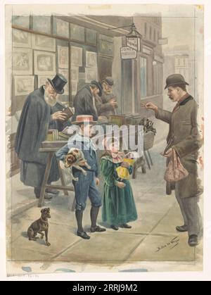 Der Mann zeigt zwei Kinderspielzeuge auf dem Bürgersteig vor einer Druckerei, c.1875-c.1925. Ein Mann zeigt einem Jungen, der einen Hund und ein Mädchen mit einer Puppe hält, ein Spielzeugpferd. Hinter ihnen sehen drei Männer eine Sammlung von Büchern. Stockfoto