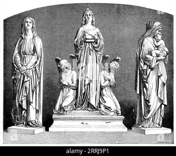 „Faith, Hope and Charity“ (glaube, Hoffnung und Liebe) – Skulptur von J. Thomas, 1858. "...drei schöne Werke, die für ein Mausoleum geschaffen wurden, das jetzt in der Necropolis in Glasgow für die Familie von John Houldsworth, Esq, errichtet wird... Wir betrachten diese Skulpturen als eine der besten von Mr. Thomas's Inszenierungen. Die "Hoffnung" ist edel, fest und würdevoll. Die „Wohltätigkeitsorganisation“ ist voll von gütigen und wohlwollenden Gefühlen. In ihren Armen schmiegt sich ein Kind an, auf dem ihr Gesicht mit zärtlicher Zuneigung strahlt. Der "glaube" ist eine fein durchdachte Figur, das Gesicht aufgerichtet Stockfoto