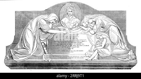 Monumentale Tafel zum Gedenken an die späte Herzogin von Beaufort, die kürzlich in der Badminton Church, 1858, errichtet wurde. "...ein sehr schasthaft gestaltetes und bewundernswert ausgeführtes Kunstwerk aus weißem Marmor, das ein Medaillon-Abbild der Herzogin in ihrem verwitweten Zustand enthält, mit einer Gruppe von Wohltätigkeit und einer Figur der Religion... die zweifache Quelle dieser characteristics...chosen als Hauptqualitäten, die in dem Marmor zu modellieren sind - sind gut verkörpert und künstlerisch vom Bildhauer in Basreliefs behandelt. Mr. J. Edwards...it wird von ihren überlebenden Töchtern und Schwiegersöhnen errichtet. wo so viel sein könnte Stockfoto