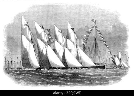 Paglesham Regatta - Start der First-Class Oyster-Smacks, 1858. 'Britannia; Rosalind; Don Juan; Waterwitch; Gnome... der Tag war wunderschön, mit einer guten Brise aus dem Nordwesten. In der Mitte des Flusses, fröhlich gekleidet, lag der Gnome Yawl, A. Arcedeckne, Esq., Commodore des Royal London Yacht Club, der sein Schiff freundlicherweise zum Flaggschiff des Tages gemacht hatte... der Kurs war gerade von über dem Flaggenschiff, um ein Boot vor Bramskill, zurück um ein Boot vor Black Edge, zweimal vorbei und am Gnome zu beenden... der Fluss wurde von der Anwesenheit mehrerer Yachten unter Segeln belebt. Bei Auftrieb Stockfoto