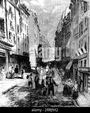 Paris Demolitions - Rue de la Montagne Sainte Genevieve, 1858. „Wir freuen uns sehr, unseren Lesern den begleitenden Sketch dieser gefeierten alten Straße in Paris vorzustellen, wie er bis vor kurzem erschien. Tatsächlich ist der Abriss jenes Teils, der sich im Vordergrund unserer Gravur befindet, nur noch vollzogen, und die Häuser auf der linken Seite, bis Tabac-Vins, existieren nicht mehr. Auch die entsprechenden Häuser auf der gegenüberliegenden Seite werden in diesem Moment zerstört, um eine der neuen Kreislaufarterien auf der linken Seite von t zu öffnen Stockfoto