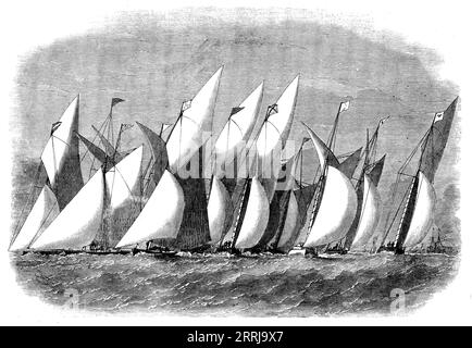 Das Royal Thames Yacht Club Match, 1858. "Whisper; Undine; Zuleika; Oriole; Julia; Dart; Violet, Midge; Silver Star; Emily; Pearl; Vampire... das Signal für die Inbetriebnahme wurde um 33 Uhr von der Richtung des edlen Commodore abgefeuert, zu dieser Zeit herrschte eine gute Brise von Westen, mit einer Kleinigkeit von Süden. Sie alle schrägen zur gleichen Zeit, setzten ihre Segel mit großer Eifer und bildeten einen der schönsten und imposantesten Starts, die wir je gesehen haben... das führende Trio über Gravesend... wurde fast bekämpft gefunden, der Wind, der sich wieder nach Norden verlagert hatte, nachdem er abgestorben war. Stockfoto