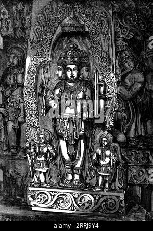 Indische Gottheiten - Trimurti; die Hindoo-Triade oder Dreiheit, 1858. Die zentrale Figur ist Brahma; rechts ist Siva; links ist Vishnu. Brahma, der Schöpfer; Vishnu, der Bewahrer; Siva, der Zerstörer - drei in einem - entstammte, nach Hindoo-Mythologie, Brahm, dem Allmächtigen, dem Einen Supremen Wesen, der vor allem existierte. Die Lehre der Dreifaltigkeit durchdringt alle Religionen. Sie findet sich in den drei Prinzipien der chaldäischen Theologie, im Triplasios Mithra von Persien, im Numen Triplix von Japan, in der Inschrift auf der Medaille in den Wüsten Sibiriens, „To the Triune Go Stockfoto