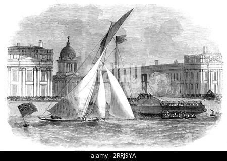 Das Royal London Yacht Club Match, 1858. Segeln auf der Themse. Das Rennen war nur mit Booten der dritten Klasse, und drei Preise wurden angefochten, die Entfernung war von Erith bis Coalhouse Point, die zu einem Boot zurückkehrte, das vor Greenwich ankerte... es wurden vier Boote gefahren... der Dampfer Father Thames wurde vom Club gechartert, um die Mitglieder und ihre Freunde zu vermitteln. als sie Blackwall verließ, war sie mit einer brillanten und modischen Gesellschaft von Damen und Herren gefüllt... die kleine Mosquito war zuerst weg, dicht gefolgt von der Julia, deren Obersegel zuerst gesetzt wurde; die Atalanta war der nächste, und dann die Blaue Stockfoto