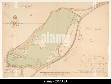 Karte der Insel Urk, 1720. Die Karte wurde 1720 von Maurits Walraven auf der Grundlage von zwei anonymen Karten von Hand gezeichnet. Untere Mitte: Maßstab von 160 Rheinlandstäben. Unten rechts die Taste und Informationen über überflutete Landstücke auf der Insel, die auf der Karte mit den Buchstaben A bis F gekennzeichnet sind Stockfoto