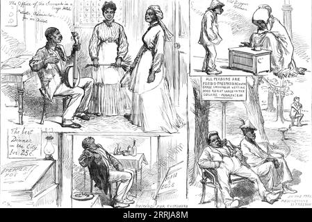 Skizzen in Philadelphia, von unseren Spezialkünstlern, 1876. "Das Büro der Dienerinnen in einem großen Hotel - künstlerische Bewunderung für einen Künstler; Alte Bettlerin; "das beste Abendessen der Stadt für 25 Cent" - Warten auf Kunden; im Park - Freiheitsbeschränkungen: "allen Personen ist das Betreten des Grases, das Rauchen oder das Freilassen von Hunden auf dem Platz verboten - Strafe $5,00"... den ermüdeten Insassen eines Sitzes im Park, wo Rauchen und Lounging auf dem Gras strengstens verboten sind, und wo sie bald furchtbar ermüdet sein müssen, wenn sie auf den Kieswegen unter einer gla laufen Stockfoto