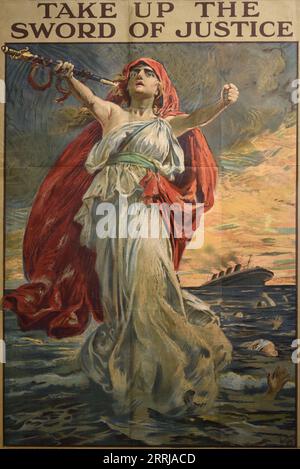 Take Up the Sword of Justice 1915 World war One Poster, veröffentlicht nach dem Untergang der RMS Lusitania Ship oder Ocean Liner durch ein deutsches U-Boot am 7. Mai 1915. Veröffentlicht in Großbritannien Stockfoto