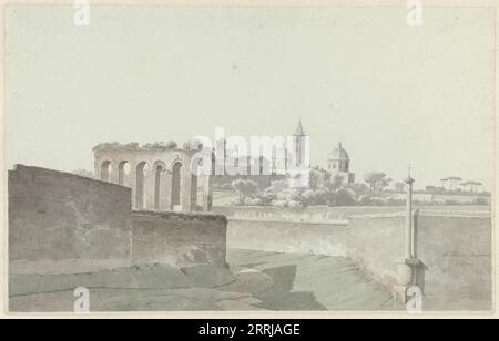 Die Basilika Santa Maria Maggiore in Rom, ca. 1809-ca. 1812. Die beiden Kuppeln und der hohe Glockenturm sind Teil der Basilika Santa Maria Maggiore, einer der größten Kirchen Roms&#x2019. Die Ruinen mit den sechs hohen Rundbögen im linken Vordergrund ähneln sehr den Überresten der Aqua Julia, einem Aquädukt, das Trinkwasser in das antike Rom transportierte. Stockfoto