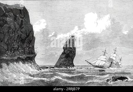 Die Strathmore auf den Crozet-Inseln, entworfen vom Zimmermann des Schiffes, 1876. Blick auf das Wrack. "...die Strathmore, ein eisernes Clipper-Schiff, das am 19. April letzten Jahres von Gravesend nach Neuseeland fuhr, wurde auf diesen Inseln, in der südlichen Region des Indischen Ozeans, etwa 700 Meilen südöstlich des Kaps der Guten Hoffnung, verwüstet. Es waren achtundachtzig Personen an Bord, von denen vierundvierzig vom 1. Juli bis 21. Januar auf der Insel verblieben waren, als sie vom Young Phoenix, einem amerikanischen Walfänger, gerettet wurden. Aus Illustrated London News, 1876. Stockfoto