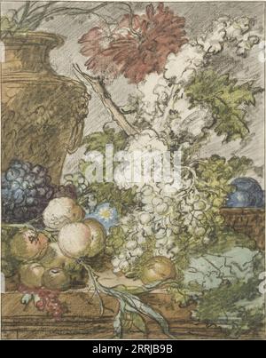 Skizze für ein Stillleben von Obst und Blumen, c.1725-c.1735. Jan van Huysum machte diese Zeichnung mit einem Holzkohlestab, der in Leinöl getränkt war. Dieses Material wurde traditionell zum Zeichnen von Skizzen empfohlen. Das Öl verhindert, dass die gezogenen Linien verschwimmen, und verleiht ihnen eine höhere Intensität. Die Zeichnung diente als Vorbild für ein Gemälde. Van Huysum zeigte hier die wichtigsten Farben in transparentem Aquarell an. Stockfoto