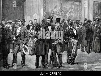 American Sketches: Scene in the Rotunda, Washington, 1876. "...ein Beispiel dafür, wie die Leute über die Rotunde stehen, die Mitglieder des Kongresses zu nicht immer verwerflichen Zwecken "Lobbyarbeit" betreiben oder einfach nur eine Dosis politischen Klatsches aufgreifen wollen, oder ihre persönliche Neugier mit einem Anblick der führenden öffentlichen Männer verwöhnen wollen. Sowohl Damen als auch Herren werden nicht selten unter den Besuchern dieses Ortes beobachtet; und Dr. Mary Walker, die Ärztin, die ihren Bloomer-Anzug aus Tunika und Hose trug, war zufällig in einer Vordergrundgruppe am Momen zu sehen Stockfoto