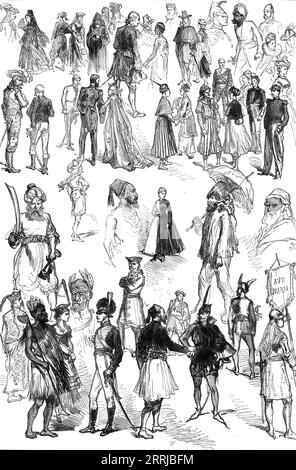 Notizen beim Fancy-Dress Ball im Dublin Castle, 1876. Robinson Crusoe, mit einem Haustier-Affen, Blaubart, mit seinem Spitzel, ein Mädchen, das halb in Schwarz und halb in weiß gekleidet ist, um eine Elster zu repräsentieren, ein Tunesier in seinem gequälten fez, ein albanischer Häuptling, der Mephistopheles die Hand gibt, ein Maori aus der Neuen Zealand...in-Realität, nicht anders als unser Korrespondent Captain Robley, mit Papier und Bleistift, für eine Skizze, versteckt unter seiner Schürze aus einheimischem Flachs... einer chinesischen Mandarine... Jeanne von Arc, die ihre Flagge trägt, mit der Inschrift "Ave Maria"... König Heinrich VIII.... ein Kavalier von Karls I. Armee mit einem Hungar Stockfoto