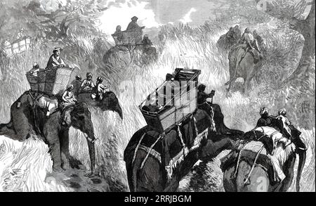 The Prince of Wales in the Terai: Crossing a Nullah in the Jungle, Faksimile einer Skizze von einem unserer Spezialkünstler, 1876. Der zukünftige König Eduard VII. Jagt Tiger in Indien. "...der Elefant ist sehr vorsichtig und spürt den Boden mit seinem Stamm für den Rand der Nullah, da er in den meisten Fällen nicht vom langen Gras aus gesehen werden kann. Wenn der Rand erreicht ist, legt er beide Füße zusammen, und sie gehen teilweise durch die Erde, was sie leicht ablassen kann. Die Hinterbeine sind zu Boden gebogen, in der Haltung eines Mannes auf den Knien. Der Stamm wird dann verwendet, um den Boden der Nullah zu spüren, um es zu wissen Stockfoto