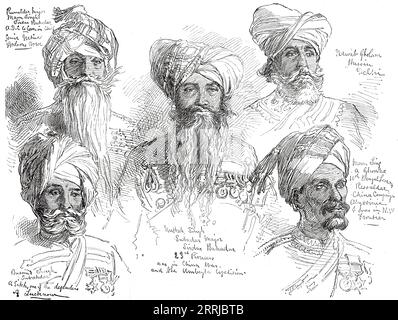 The Prince of Wales in India: Indigene Soldaten zeichnen sich durch ihre Dienste aus, 1876. "Russaldar Major Maun Sing, Sirdar Bahadoor...senior einheimischer Offizier der 9. Bengalischen Kavallerie... Er diente bei der Belagerung von Delhi... Er... wurde schwer verwundet und ließ sein Pferd unter sich mit vierzehn Schwertschnitten töten... Nawab Gholam Hussan Khan, C.S.I., der 15. Mooltanee Kavallerie, ist Chef des Alagaie-Clans im Derajat. der sich uns während der Belagerung Mooltans und erneut im Krieg von 1857 anschloss... Subadar Major Nutha Sing, Sirdar Bahadoor, 23. Punjaub-Pioniere... half bei der Aufzucht eines großen Körpers seines Landes Stockfoto