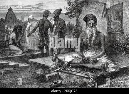 Joghi Wallahs in Benares, aus einer Skizze eines unserer Spezialkünstler, 1876. Indische Asketik: "...eine Ausstellung von "Joghi Wallahs". Es handelt sich dabei um eine Klasse hindoo-religiöser Benachteiligungen, die die abergläubische Ehrfurcht und Sympathie der Menschen durch Stationierung in einer unbeweglichen Haltung oder durch wiederholte schmerzhafte Gesten, die manchmal ein schwerfälliges Gewicht auf mühsamste und unbequemste Weise halten, ansprechen. Sie sind von beiden Geschlechtern und zeigen eine große Menge an fehlgeleitetem Einfallsreichtum sowie Stärke in der Vielfalt ihrer Ausdauerleistungen, die Belohnung sind Stockfoto