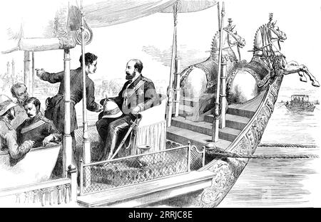 Der Prinz von Wales an Bord der State Barge of the Maharajah in Benares, nach einer Skizze eines unserer Spezialkünstler, 1876. Der zukünftige König Eduard VII. In Indien. Hier macht er eine Reise den Fluss [Ganges] hinauf nach Ramnuggur, dem Palast des Maharajah von Benares, zwei Meilen über der Stadt... der Lastkahn war hübsch und malerisch. Es war lang und schmal, mit zwei geschnitzten Holzpferden von fast voller Größe, die auf dem Bug herumrannten... das Baldachin war mit goldenen Fransen bedeckt, die Sitze darunter aus blauem Samt... der Fluss wurde von allen Booten ferngehalten, mit Ausnahme derjenigen, die an der Tour teilnehmen durften Stockfoto