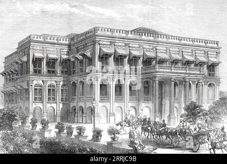 Besuch des Prince of Wales in Sans Souci, Bombay, nach einer Skizze eines unserer besonderen Künstler, 1876. Der zukünftige König Eduard VII. In Indien: "... der Aufenthalt des Prinzen in Bombay. Er und seine Gruppe besuchten Lady Sassoon in Sans Souci, dem Herrenhaus von Sir Albert Sassoon... den Ort, an dem seine Königliche Hoheit in der Villa ankam. Aus Illustrated London News, 1876. Stockfoto