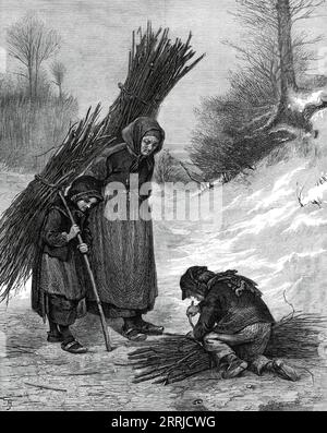 „Gathering Wood“ von Edouard FR&#xe8;re, 1876. Gravur eines Gemäldes. „Diese Ausstellung picture...from, die kürzlich in der Galerie von Messr. Agnew gezeigt wurde, zeigt die pathetischere Seite von Edouard FR&#xe8;Res Kunst und Sympathie für das Leben der französischen Bauern. Es ist Winter und eine schneebedeckte Landschaft; die Besetzung der Figuren erzählt von Armut, Entbehrung und Arbeit bei jedem Wetter; und diese Arbeit muss sowohl von der alten Großmutter als auch von den jüngsten Kindern geteilt werden. Der einzige Treibstoff, der beschafft werden kann, um die grausame Kälte fernzuhalten... und um die Suppe maigre oder den Topf-au-feu zu kochen, muss aus einem Holz oder C gesammelt werden Stockfoto