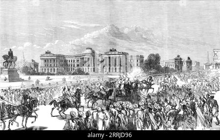 Regierungsgebäude, Kalkutta, entworfen von einem unserer Spezialkünstler, 1876. Das Regierungsgebäude nimmt den Hauptsitz in Kalkutta ein. Es steht dem Maidan gegenüber... der Plan könnte als Viereck beschrieben werden, aber als St. Andrews Kreuz wird eine nähere Vorstellung von seiner wahren Form vermitteln. Diese Regelung wurde im Hinblick auf die Belüftung angenommen. Ein Viereck hätte einen zentralen Hof erforderlich gemacht, während die Form, die angenommen wurde, das ganze jedem Windhauch offen lässt, der eine Chance hätte zu blasen... die privaten Gärten des Hauses befinden sich vor; und im Süden davon und in einer Linie mit dem Zentrum der Regierung Hou Stockfoto