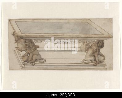 Entwurf für einen Tisch mit Beinen in Form von sitzenden Löwen, c.1650. Die Zeichnung des linken vorderen Tischbeins in Form eines sitzenden Löwen mit einer Kugel ist mit roter Kreide bedeckt, während die Konturen des Löwen eingeschrieben sind. So könnte das Bild auf der rechten Seite dupliziert werden; die Zeichnung des rechten vorderen Beins basiert darauf. Stockfoto