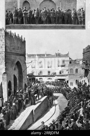 "Entfernte Fronten, in Jerusalem; die Rede am 11. Dezember 1917, von der Proklamation von General Allenby an die Bevölkerung der Stadt, in Anwesenheit des Stabes der alliierten Truppen, auf den Stufen des Turms von David, vor der Existenz Christi, 1917 aus L’Album de la Guerre 1914-1919, Band 2 [L’Illustration, Paris, 1924]. Stockfoto