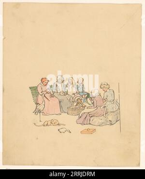 Frauen und Kinder essen Pflaumen, c.1880-c.1910. Vier Frauen, ein Junge und ein Mädchen sitzen auf einer Bank und essen Pflaumen aus einem Korb. Im Vordergrund ein Storch, eine Gans und ein Hund. Stockfoto