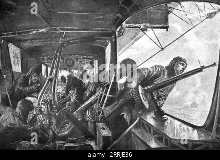 Die deutsche Luftflotte; an Bord eines zeppelins: Im Heck, unter Angriff durch alliierte Flugzeuge, 1917. Aus L'Album de la Guerre 1914-1919, Band 2 [L'Illustration, Paris, 1924]. Stockfoto