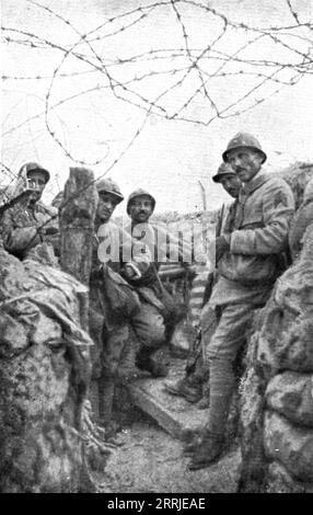 "Wie man einen Überraschungsangriff macht; vor dem Abflug: Männer werden versendet und rechts der Leutnant, der sie kommandiert", 1917. Aus L’Album de la Guerre 1914-1919, Band 2 [L’Illustration, Paris, 1924]. Stockfoto