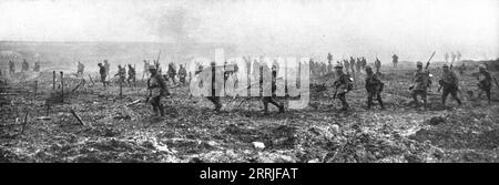 "Sur le Front occidental: la prise de la Crete de Vimy; Le marche en avant Canadiens, le 9 avril 1917, a travers l'ancien no man's Land, la Zone de mort qui separait les premieres lignes", 1917. Erster Weltkrieg: Westfront; die Eroberung des Vimy Ridge. Die Kanadier rücken am 9. April 1917 über das alte Niemandsland vor, das Todesfeld, das die entgegengesetzten Fronten trennt. Aus L’Album de la Guerre 1914-1919, Band 2 [L’Illustration, Paris, 1924]. Stockfoto