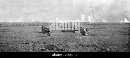 „L’Attaque du 5 mai 1917 sur le Chemin des Dames; Progression sous le feu, en ligne d’escouade par un, derriere le commandant de compagne; au mond, la Premiere vague atteint la tranchee allemande du Chemin des Dames“, 1917. Erster Weltkrieg: The Attack on the Chemin des Dames, 5. Mai 1917; Advancing Under Fire... aus L’Album de la Guerre 1914-1919, Band 2 [L’Illustration, Paris, 1924]. Stockfoto