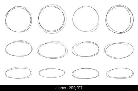 Von Hand gezeichneter Kreis, Ellipse und Ellipse unteren Grades. Eine Reihe von Ovalen und Blasen. Stock Vektor