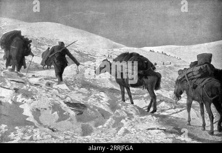 'La campagne d'hiver en Orient; Le ravitaillement dans la neige des postes francais et italiens a plus de 2.000 metres d'Altitude, entre Monastir et la lac Prespa', 1917. Erster Weltkrieg: Winterfeldzug an der Ostfront – Vorräte für französische und italienische Stellungen auf mehr als 2,00 Metern zwischen Monastir und Prespa Lake. Aus L’Album de la Guerre 1914-1919, Band 1 [L’Illustration, Paris, 1924]. Stockfoto