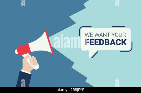 Wenn Sie ein Megaphon- oder Lautsprechertelefon halten, möchten wir Ihr Feedback in einer Sprechblase verfassen Stock Vektor