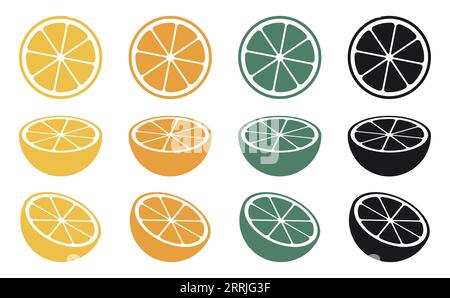 Zitronenscheibe, Orangenscheibe, süße Limettenscheibe und Vektorsymbol der Zitrusfrucht Stock Vektor