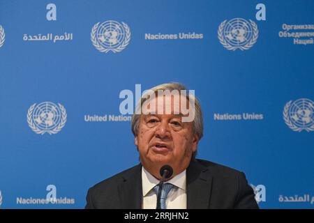 New Delhi, Delhi, Indien. September 2023. Der Generalsekretär der Vereinten Nationen, AntÃ³nio Guterres, spricht vor dem G20-Gipfel in Neu-Delhi, Indien, am 8. September 2023 auf einer Pressekonferenz. (Bild: © Kabir Jhangiani/ZUMA Press Wire) NUR REDAKTIONELLE VERWENDUNG! Nicht für kommerzielle ZWECKE! Stockfoto