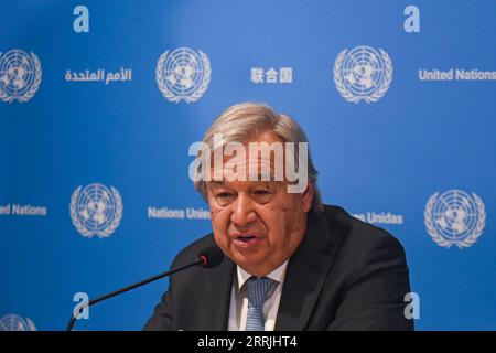 New Delhi, Delhi, Indien. September 2023. Der Generalsekretär der Vereinten Nationen, AntÃ³nio Guterres, spricht vor dem G20-Gipfel in Neu-Delhi, Indien, am 8. September 2023 auf einer Pressekonferenz. (Bild: © Kabir Jhangiani/ZUMA Press Wire) NUR REDAKTIONELLE VERWENDUNG! Nicht für kommerzielle ZWECKE! Stockfoto