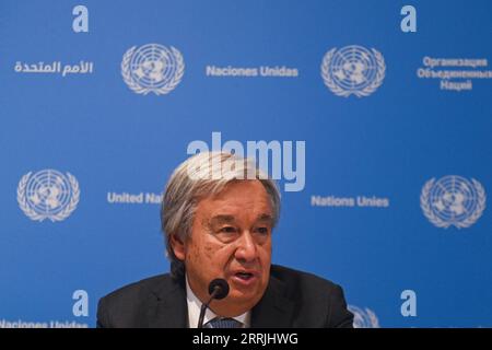 New Delhi, Delhi, Indien. September 2023. Der Generalsekretär der Vereinten Nationen, AntÃ³nio Guterres, spricht vor dem G20-Gipfel in Neu-Delhi, Indien, am 8. September 2023 auf einer Pressekonferenz. (Bild: © Kabir Jhangiani/ZUMA Press Wire) NUR REDAKTIONELLE VERWENDUNG! Nicht für kommerzielle ZWECKE! Stockfoto