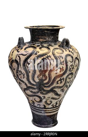 Eine Amphora im Stil eines Palastes mit drei Oktopussen in einem Marinescape aus Felsen und Algen. Eine mykenische Imitation des minoischen Marine-Stils. F Stockfoto